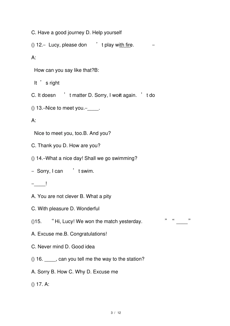 小升初英语交际用语专项练习_第3页