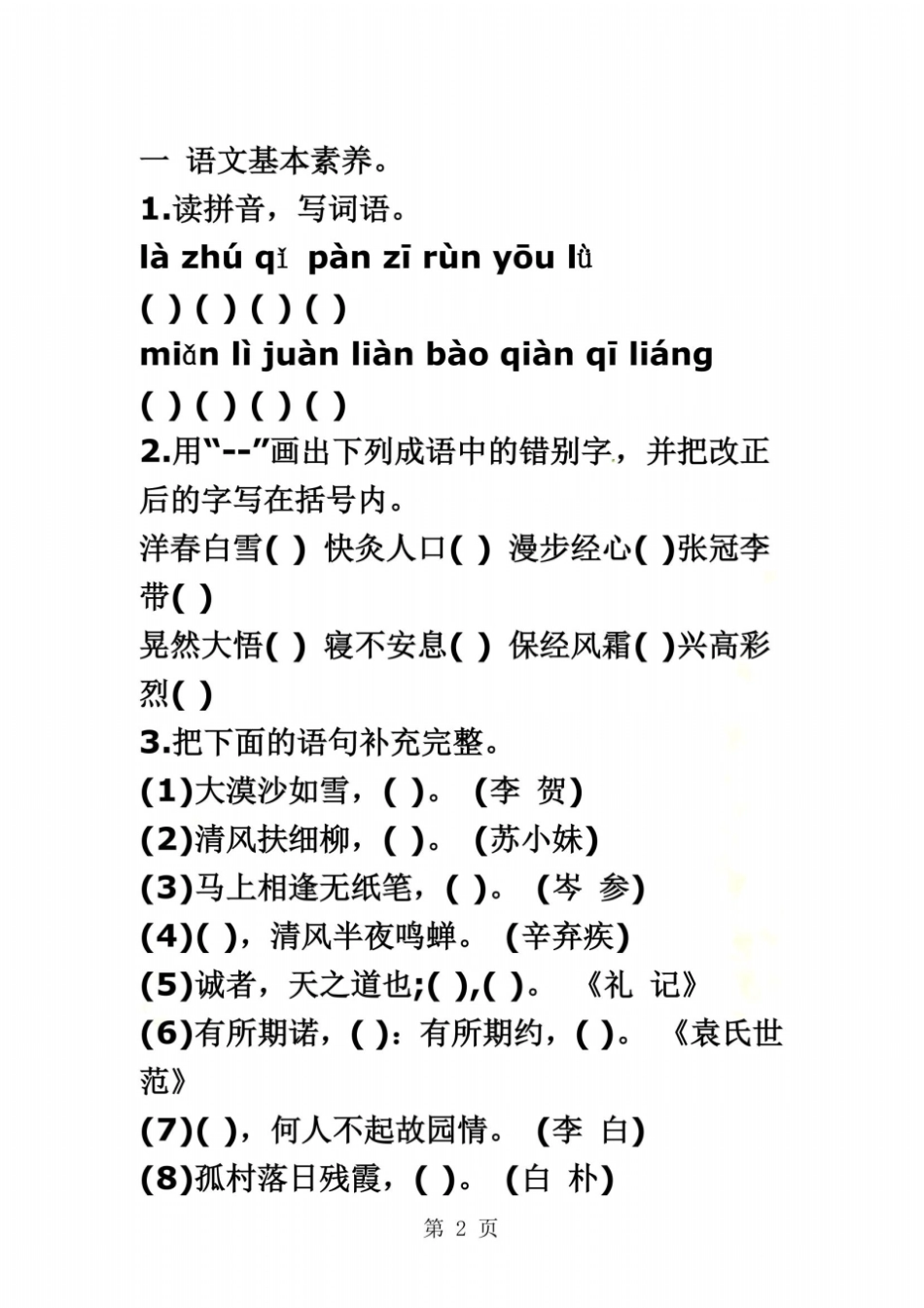 小升初语文分班考试-小考真题_通用版无答案_第2页