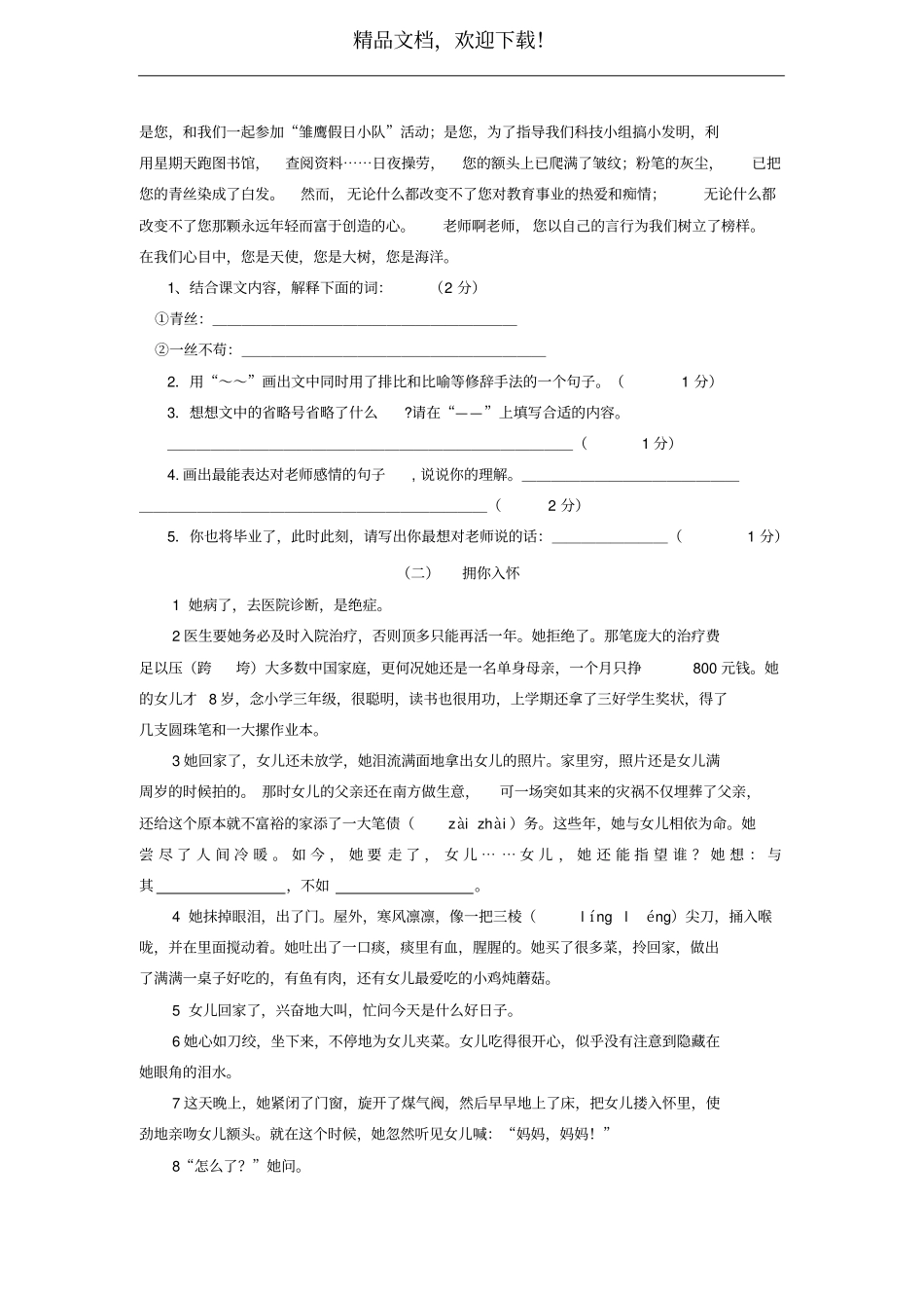 小升初语文考前仿真试题一_第3页