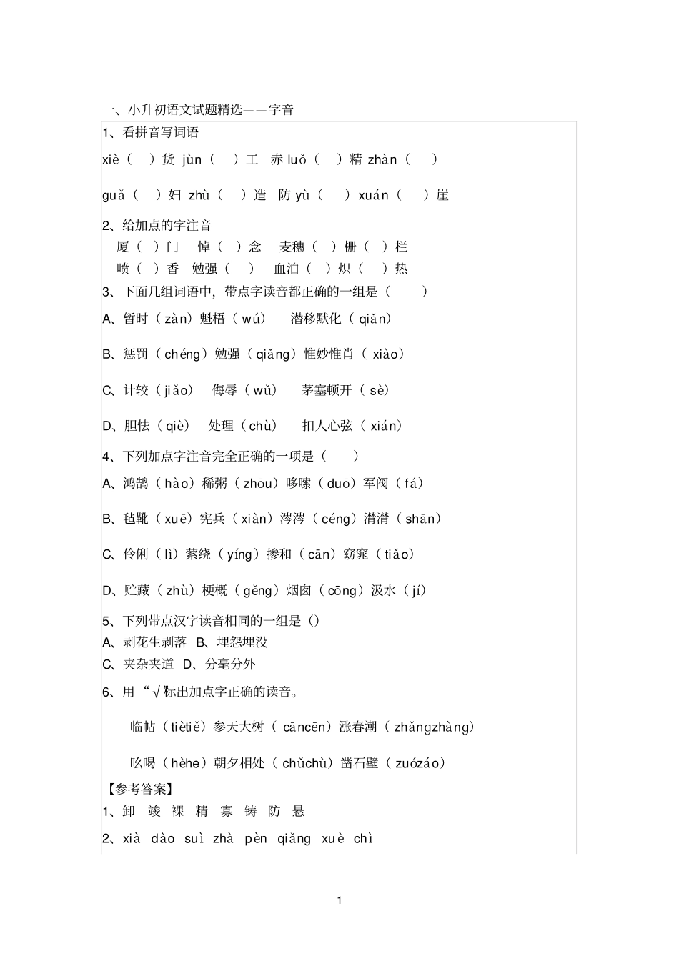 小升初语文试题精选汇总_第1页