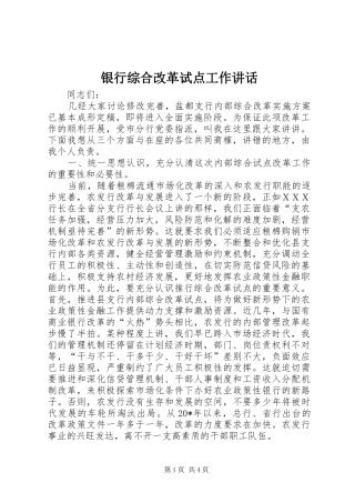 银行综合改革试点工作讲话发言