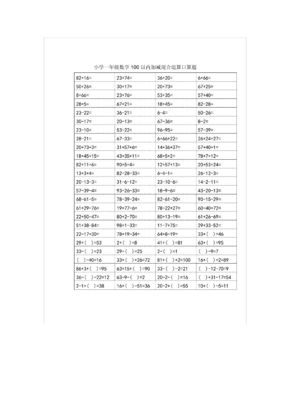 小学一年级数学100以内加减混合运算口算题_第1页