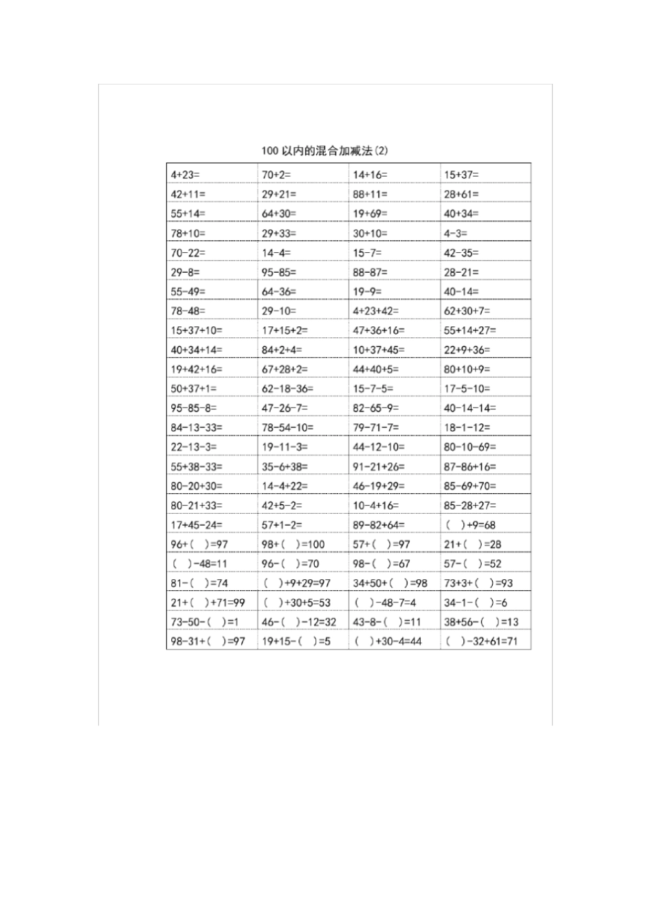 小学一年级数学100以内加减混合运算口算题_第2页