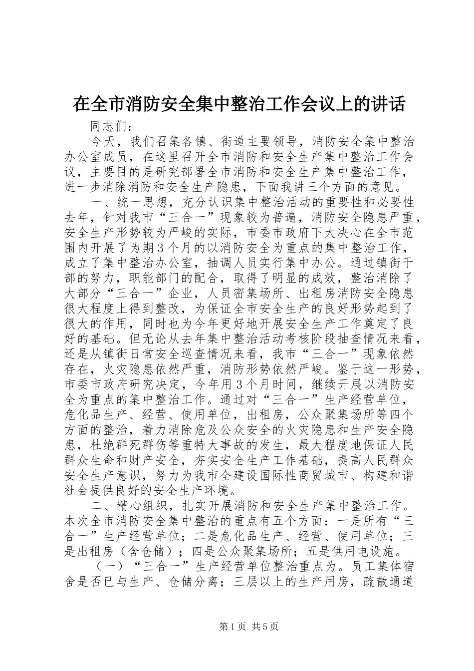 在全市消防安全集中整治工作会议上的讲话发言_1_第1页