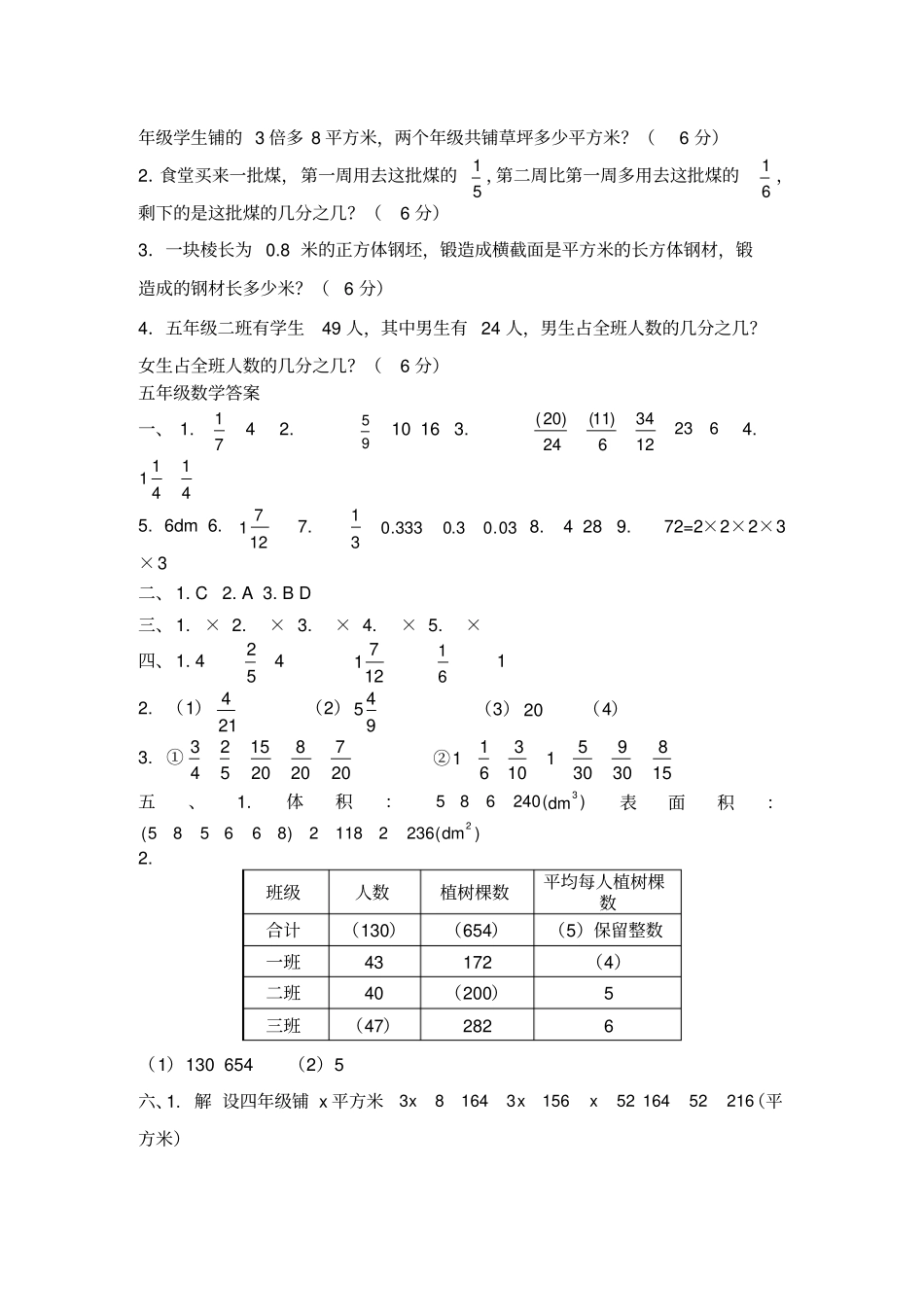 小学五年级下数学练习题及参考答案_第3页