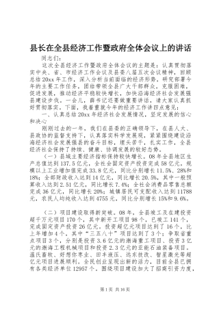 县长在全县经济工作暨政府全体会议上的讲话发言