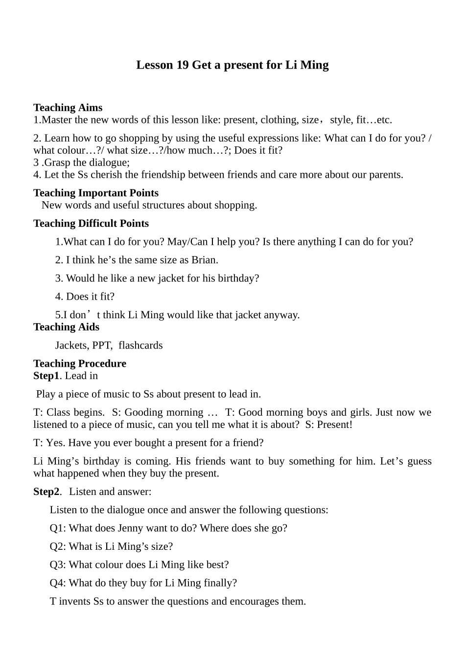 八年级英语新冀教版上Lesson15APresentforLiMing教案_第1页