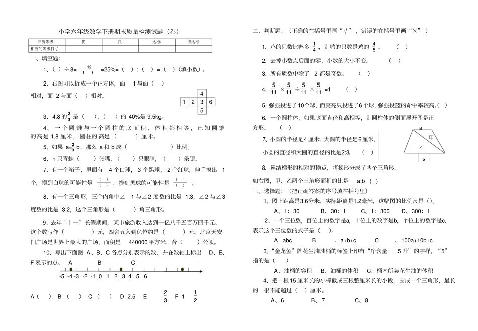 小学六年级数学下册期末质量检测试卷_第1页