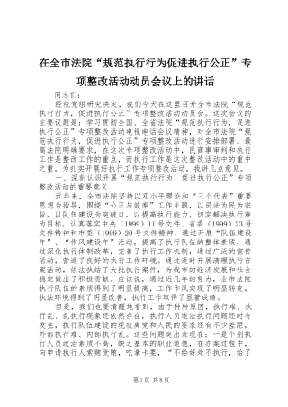 在全市法院“规范执行行为促进执行公正”专项整改活动动员会议上的讲话发言