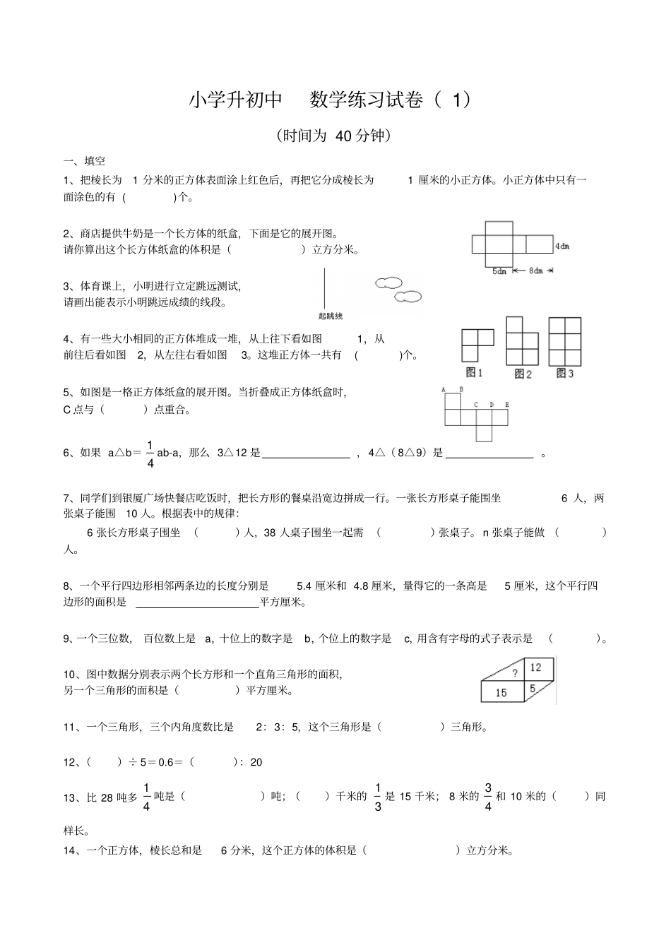 小学升初中数学练习卷5套_第1页