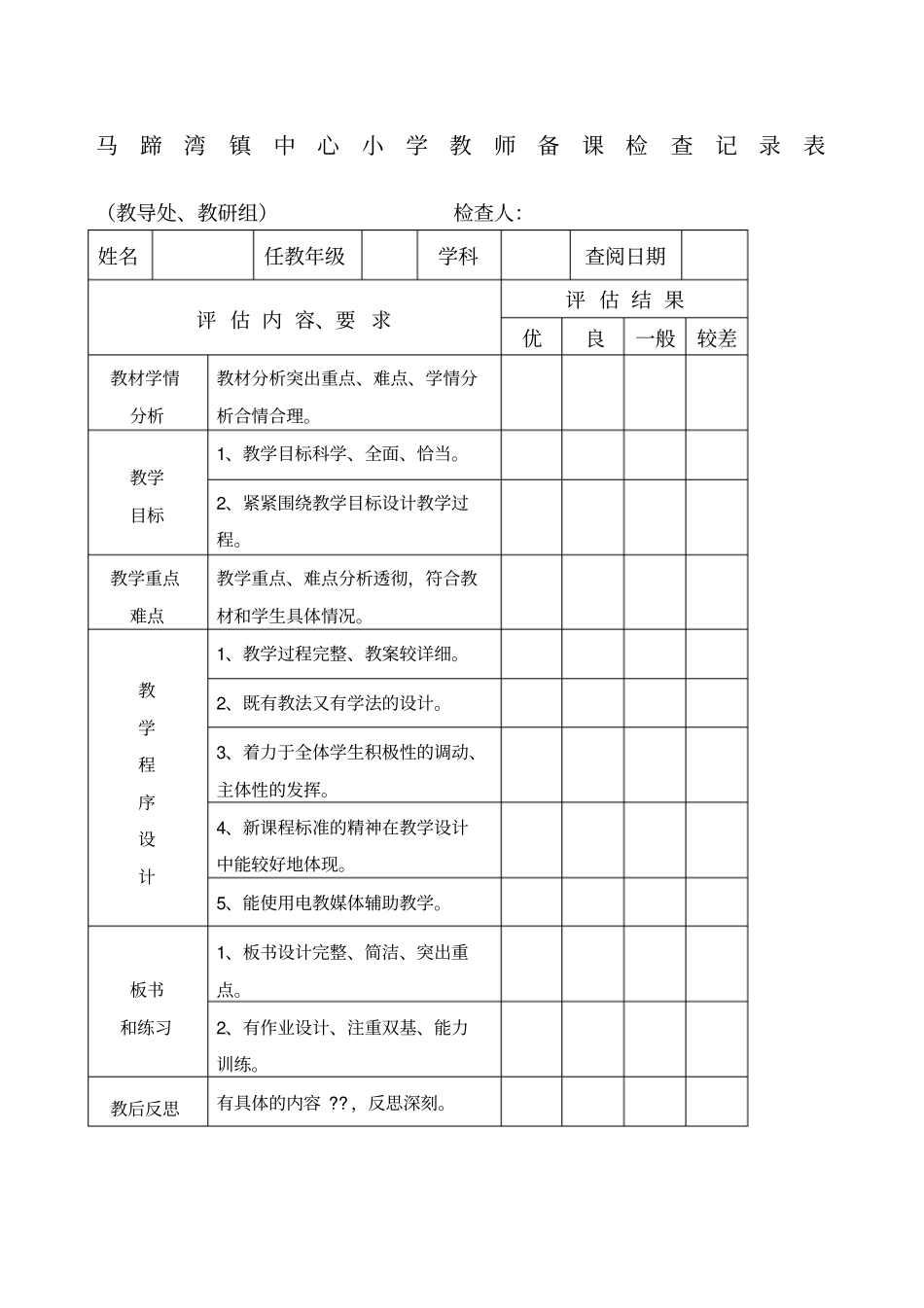 小学教师备课检查记录表_第1页
