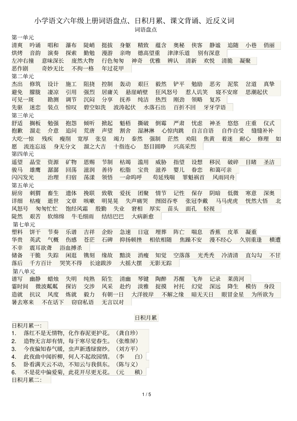 小学教育语文六级上册词语盘点、日积月累、课文背诵、近反义词_第1页