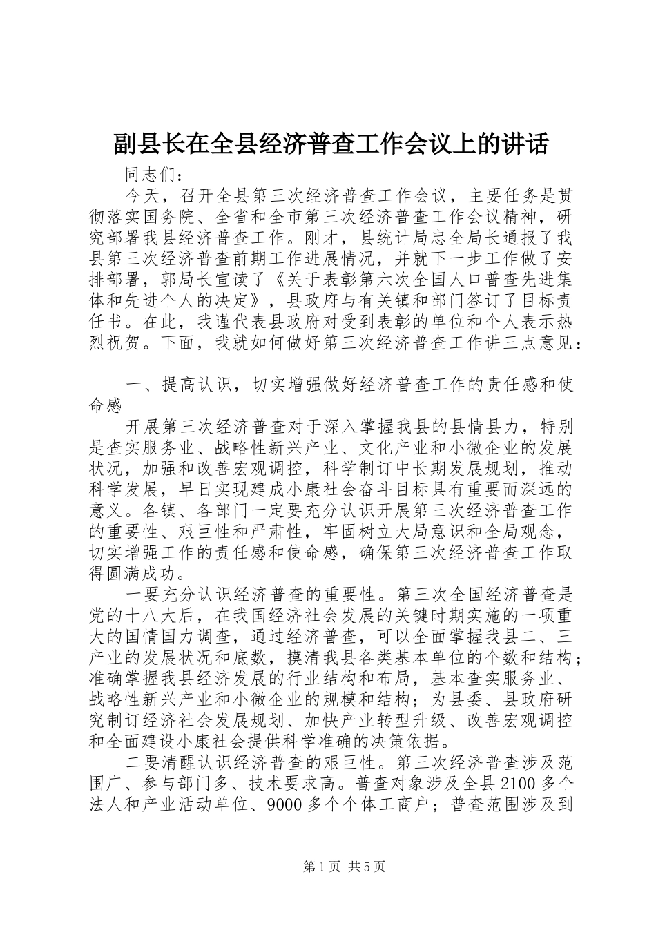 副县长在全县经济普查工作会议上的讲话发言_第1页