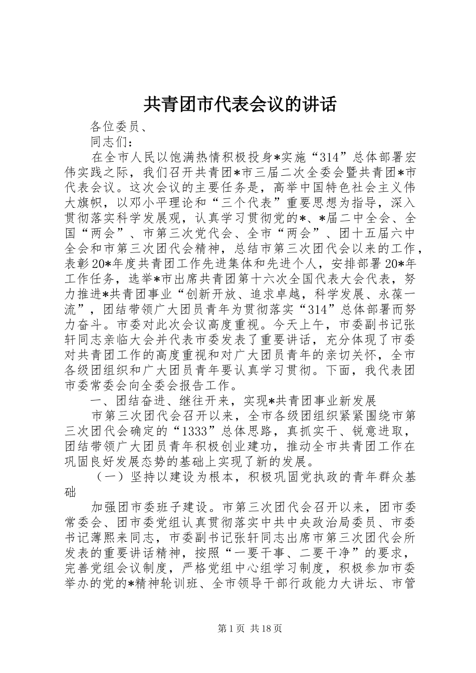 共青团市代表会议的讲话发言_第1页