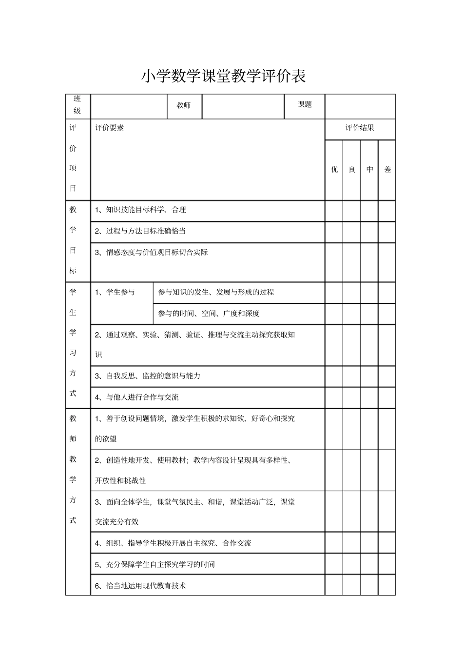 小学数学课堂教学评价表一_第1页