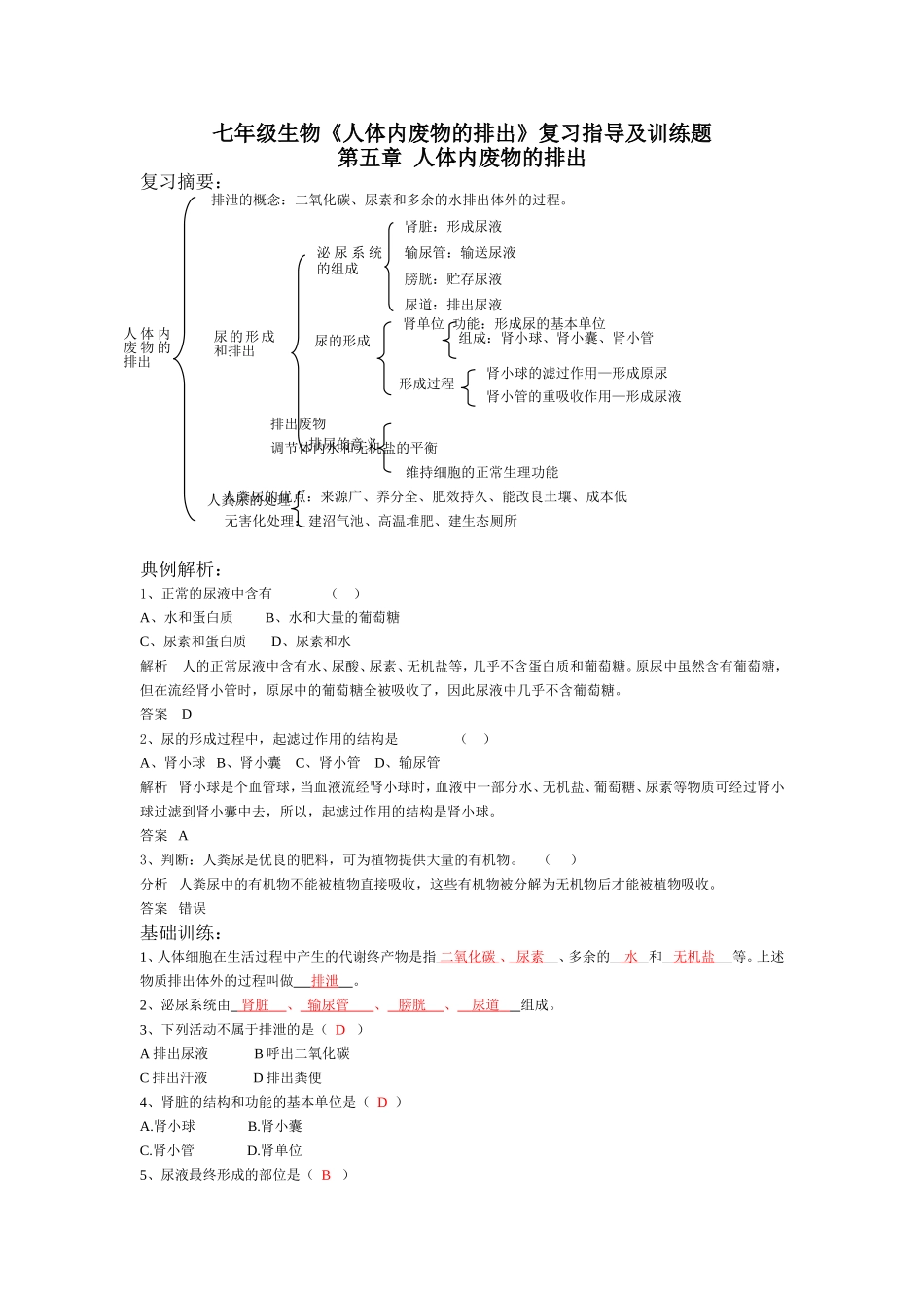 七年级生物人体内废物的排出复习指导及训练题_第1页