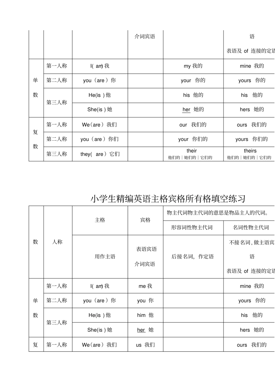 小学生精编英语主格宾格所有格一览表知识系统原表及填空练习_第2页