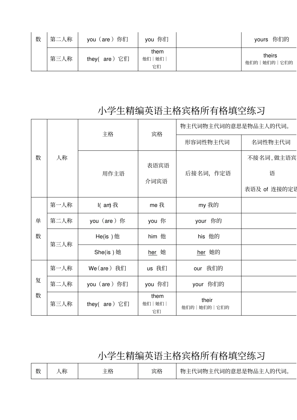 小学生精编英语主格宾格所有格一览表知识系统原表及填空练习_第3页