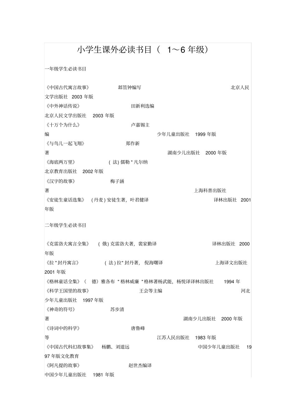 小学生课外必读书目_第1页