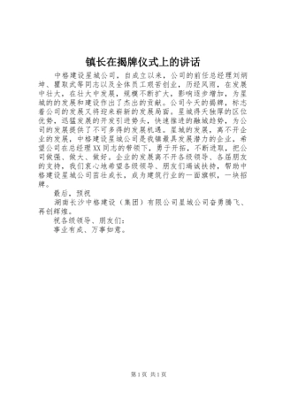 镇长在揭牌仪式上的讲话发言