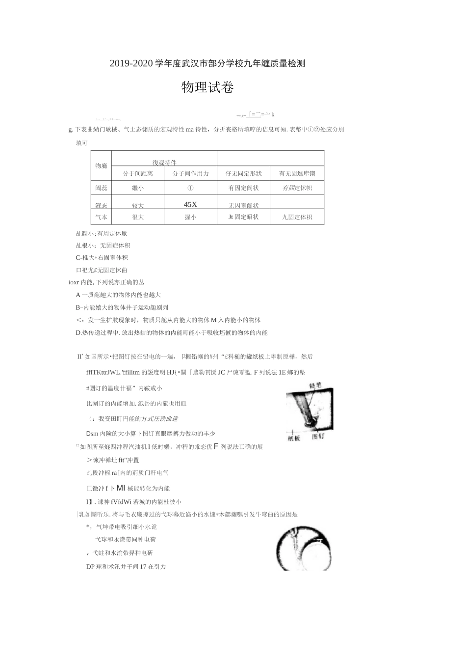 2020年武汉市九年级元月调考物理试卷_第1页