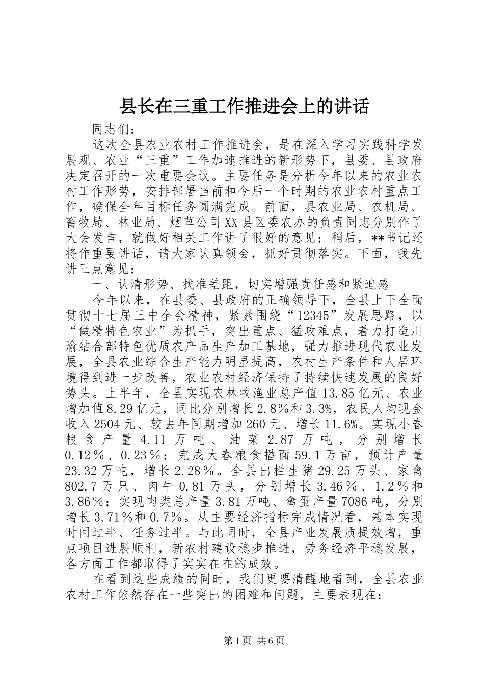 县长在三重工作推进会上的讲话发言_第1页