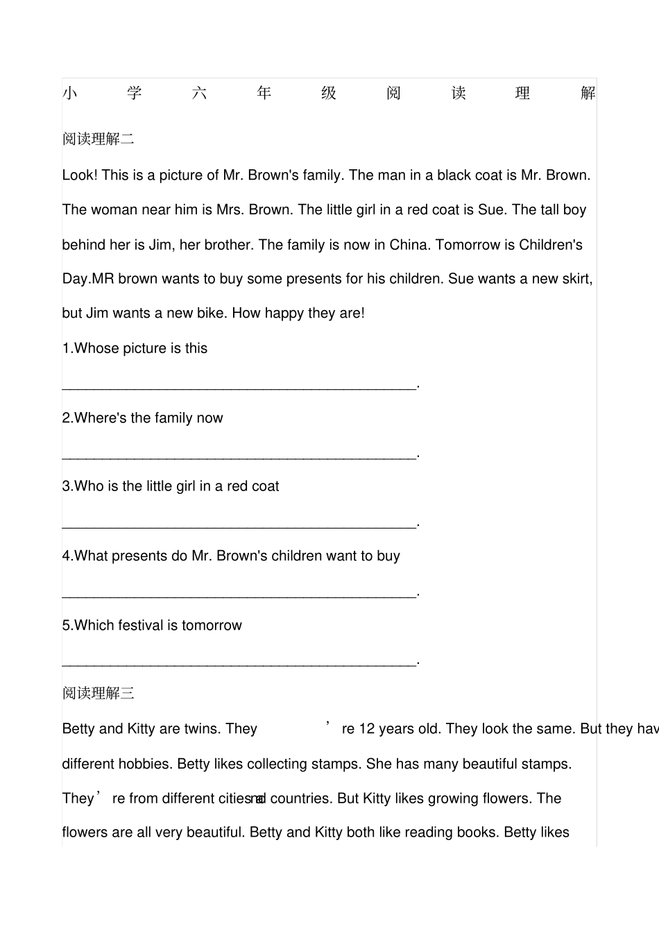 小学英语六年级阅读理解任务型_第1页