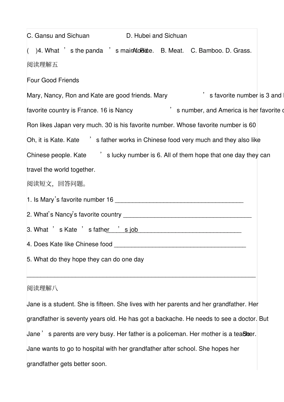 小学英语六年级阅读理解任务型_第3页