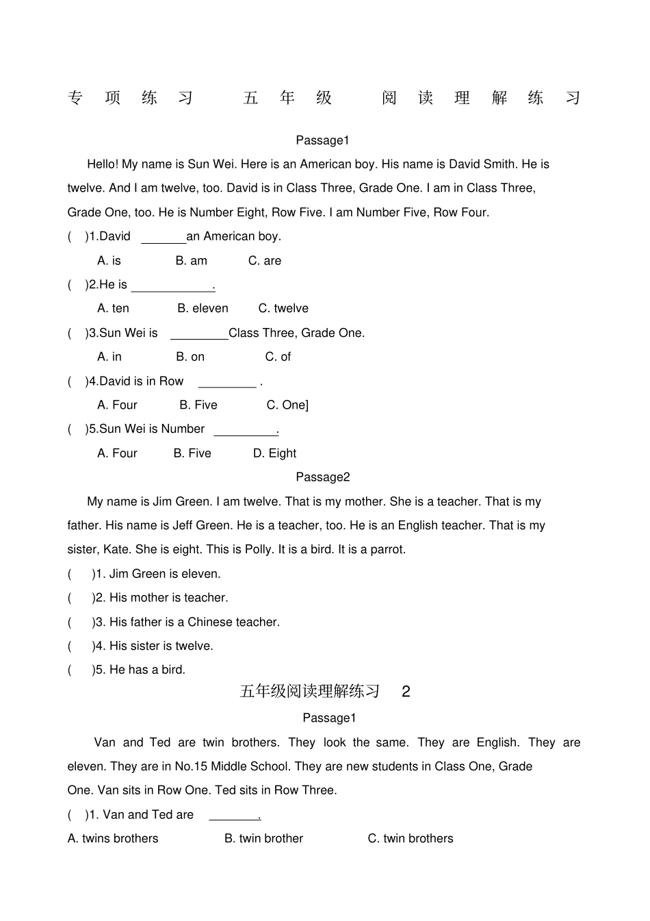 小学英语五年级阅读理解练习题含答案_第1页