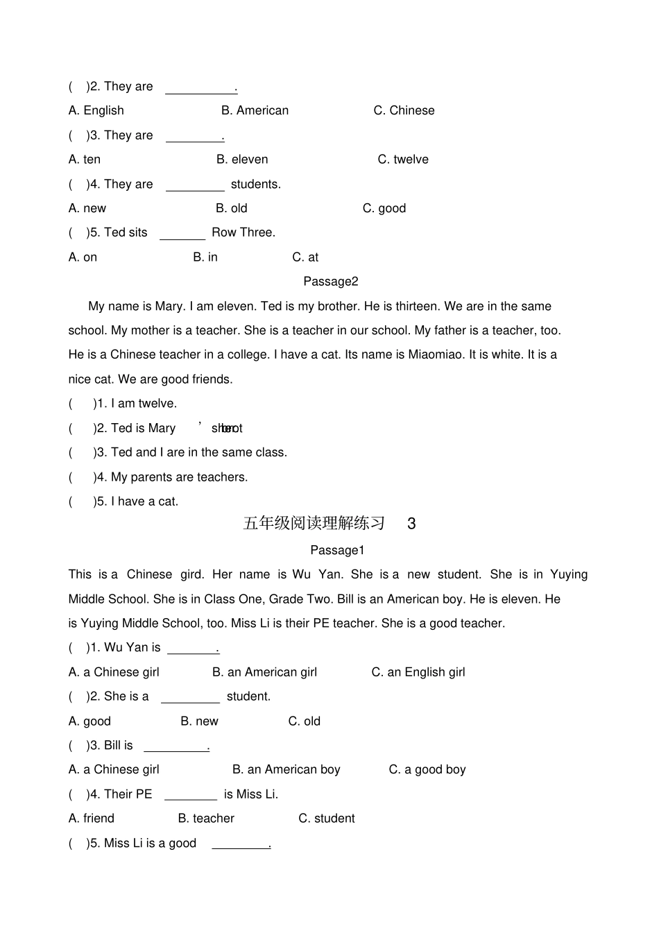小学英语五年级阅读理解练习题含答案_第2页