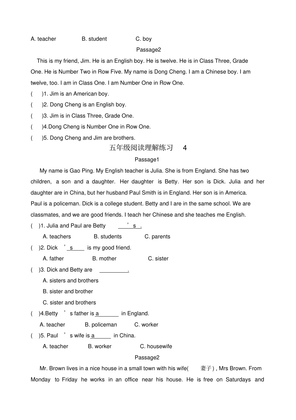 小学英语五年级阅读理解练习题含答案_第3页