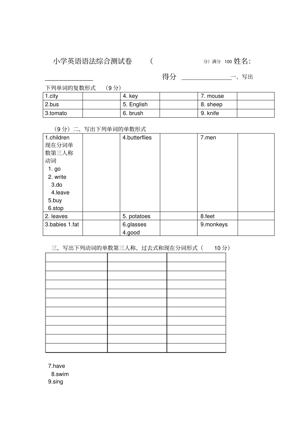小学英语语法测试卷_第1页