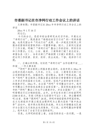 市委副书记在市净网行动工作会议上的讲话发言
