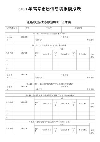 2021年高考志愿信息填报模拟表