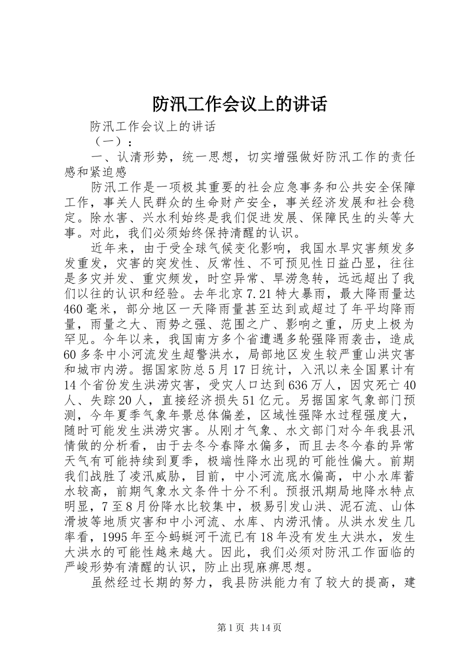 防汛工作会议上的讲话发言_第1页