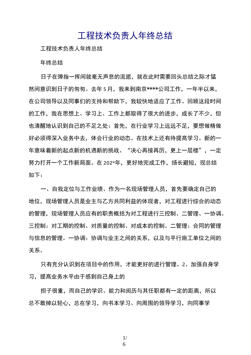 工程技术负责人年终总结_第1页
