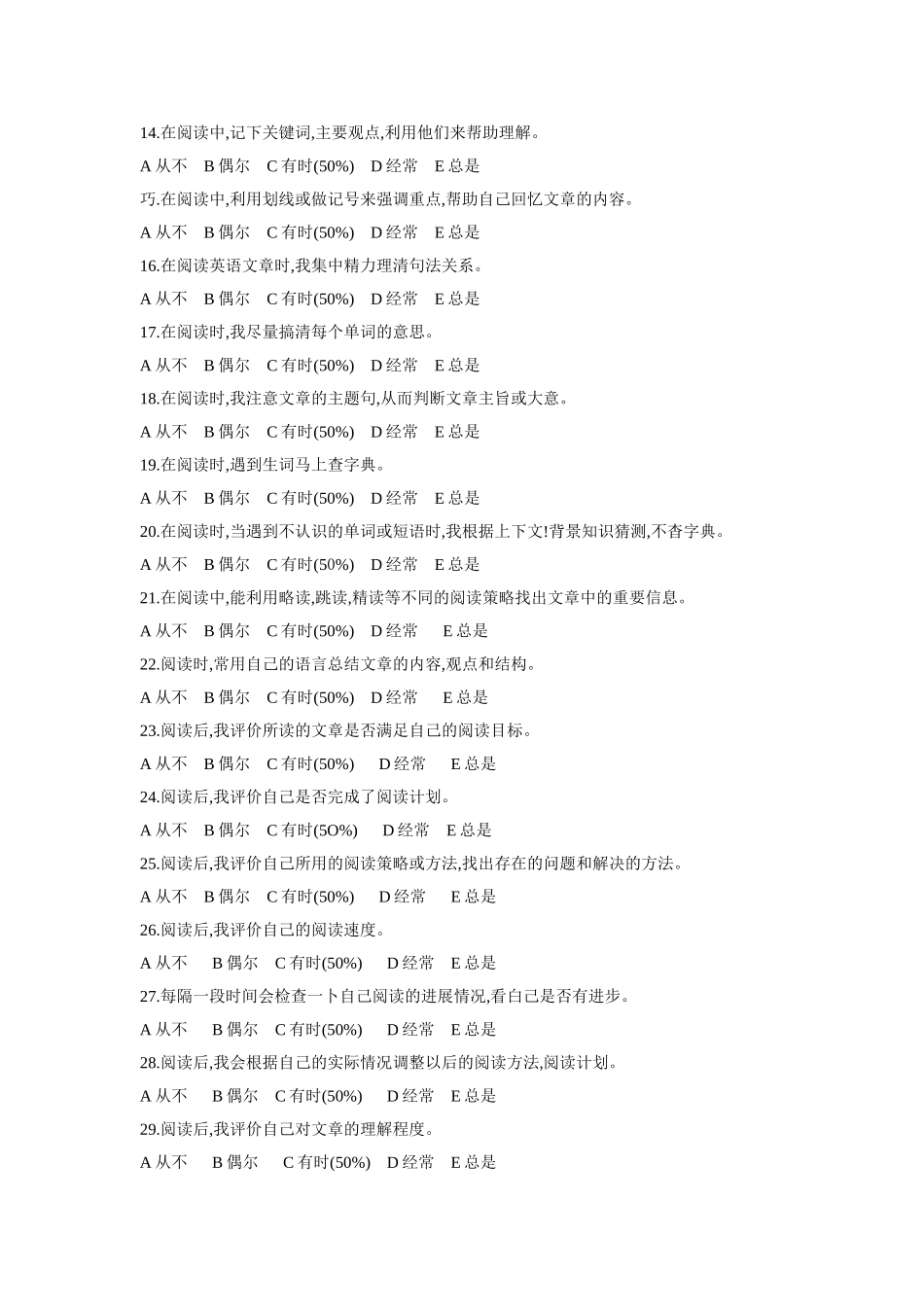 英语阅读元认知策略调查问卷_第2页