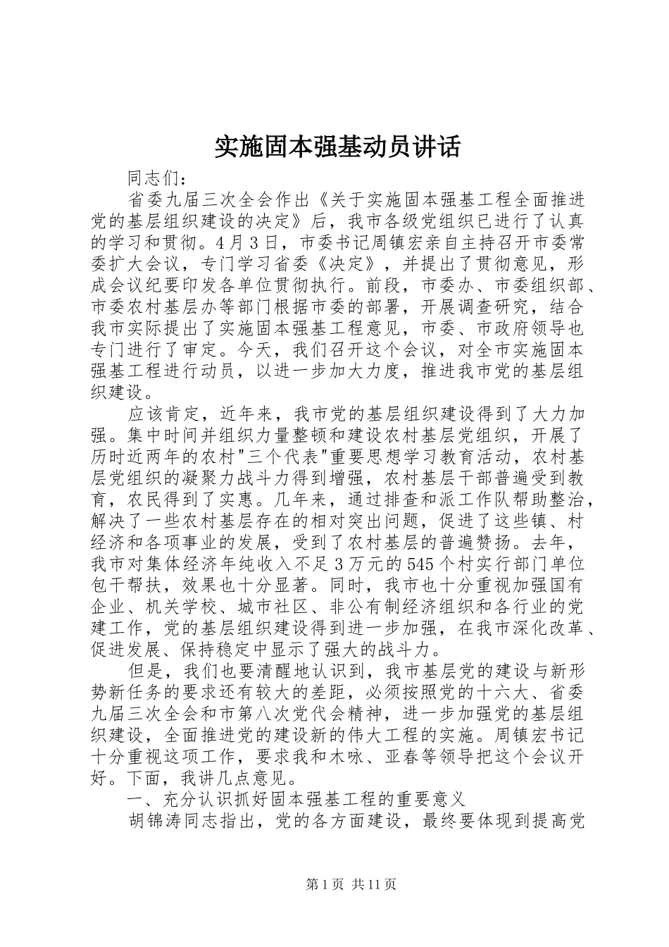 实施固本强基动员讲话发言_第1页