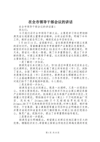 在全市领导干部会议的讲话发言
