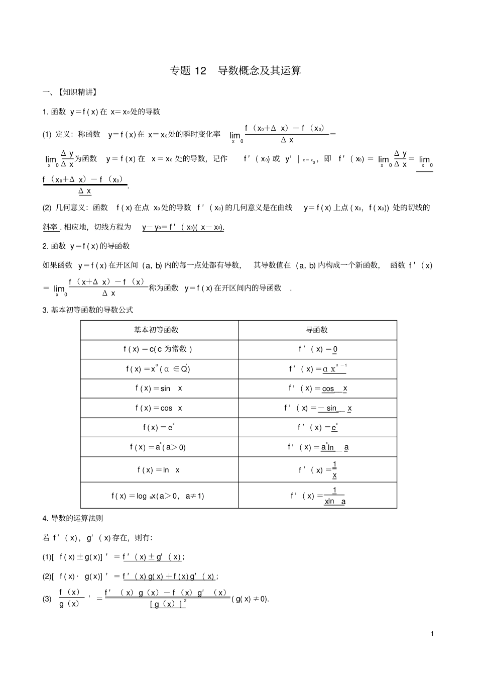 山东专用2020年高考数学一轮复习专题12导数的概念及其运算含解析_第1页