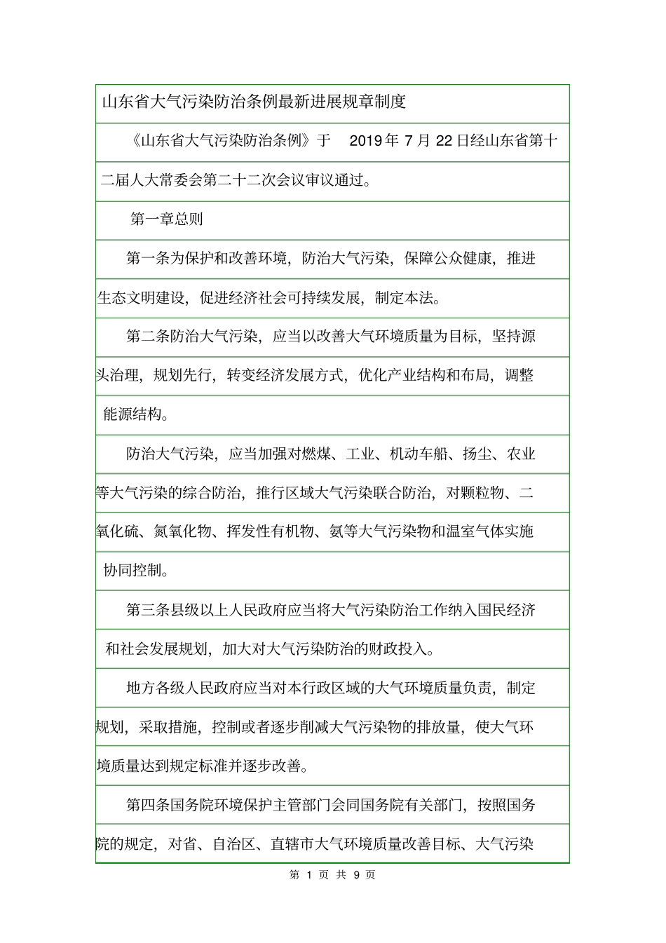 山东大气污染防治条例最新进展规章制度_第1页