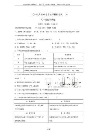 山东枣庄峄城区2017届九年级下学期第三次模拟考试化学试题