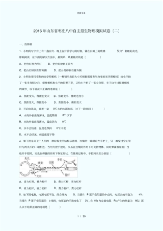山东枣庄八中2016年自主招生物理模拟试卷二解析版