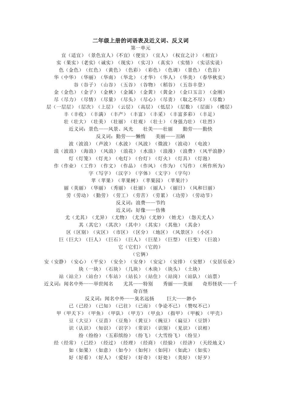 二年级上册的词语表及近义词_第1页