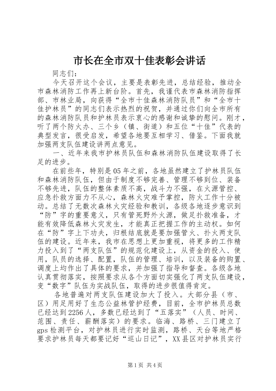 市长在全市双十佳表彰会讲话发言_第1页