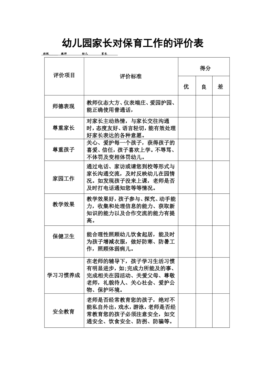幼儿园家长对教师的评价表_第1页