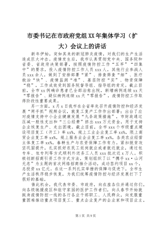 市委书记在市政府党组XX年集体学习（扩大）会议上的讲话发言