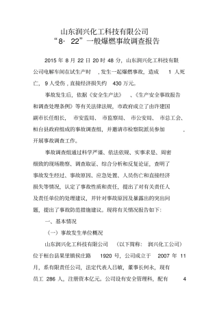 山东润兴化工科技公司爆燃事故报告