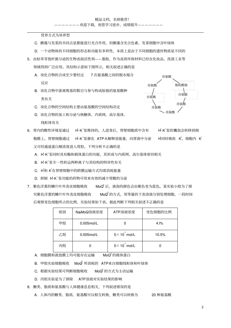 山东烟台2019_2020学年高二生物下学期期末考试试题_第2页