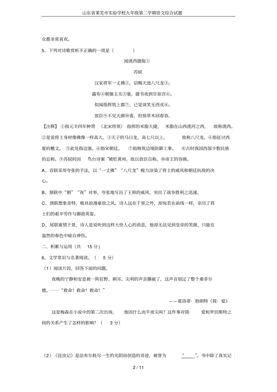 山东莱芜试验学校九年级第二学期语文综合试题_第2页